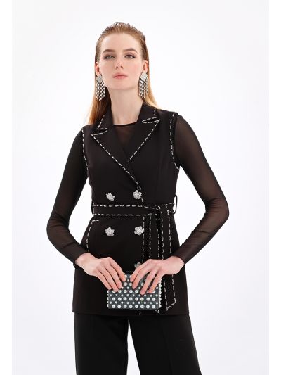 Crystal Embellished Blazer & Transparent Blouse Set -Sale