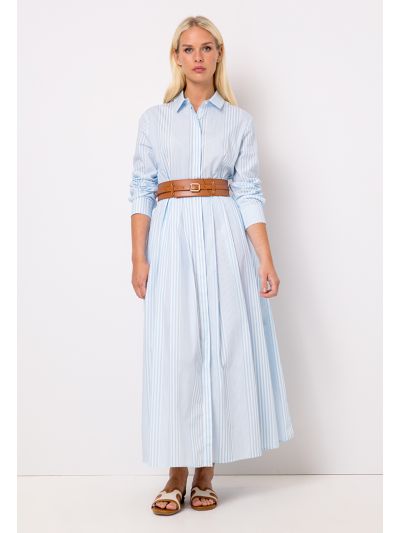 Striped Belted Flared Maxi Shirt Dress