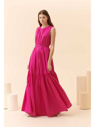 Roman Belt Detailed Taffeta Evening Dress Fuchsia