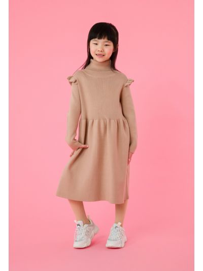 Turtleneck Ruffle Trim Knitted Sweater Dress