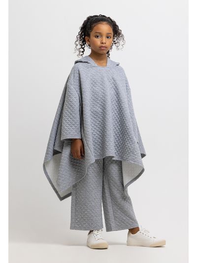 Quilted Solid Pants and Oversize Hooded Poncho Set