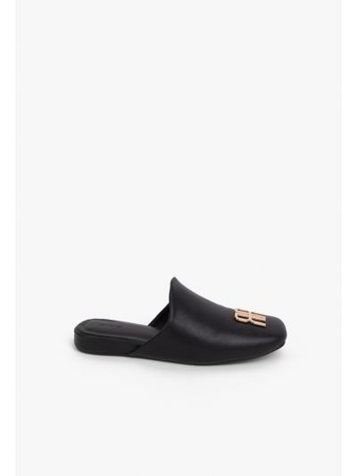 Metal Logo Plaque PU Leather Flat Mules -Sale