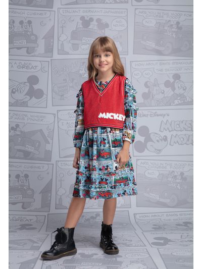 Mickey And Friends Comic Strip Ruffle Dress And Vest Set