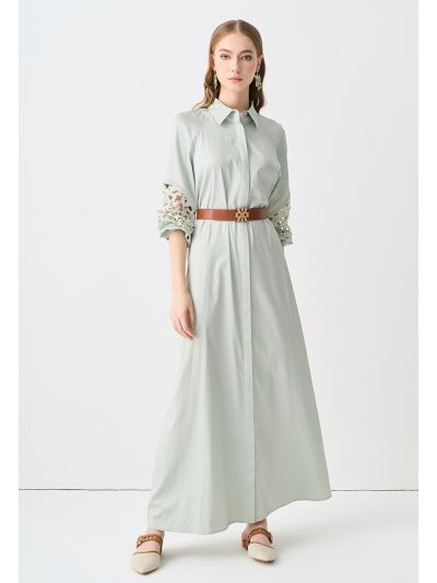 Lace Sleeve Belted Solid Shirt Dress
