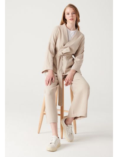 Solid Textured Open Kimono and Trouser Set