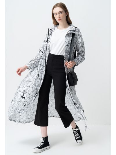 Printed Buttoned Hooded Maxi Jacket