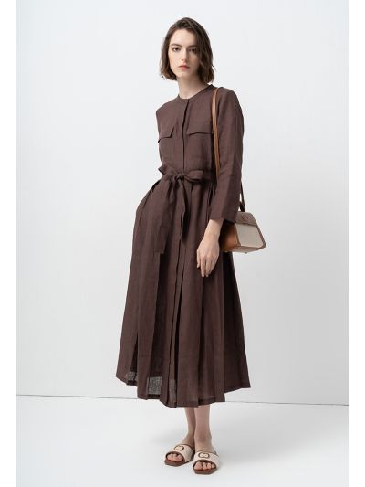 Mandarin Collar Pleated Shirt Dress