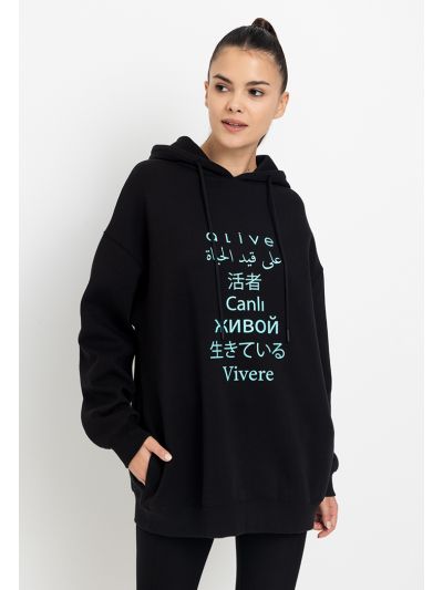 Knitted Rubber Print Drop Shoulder Hoodie