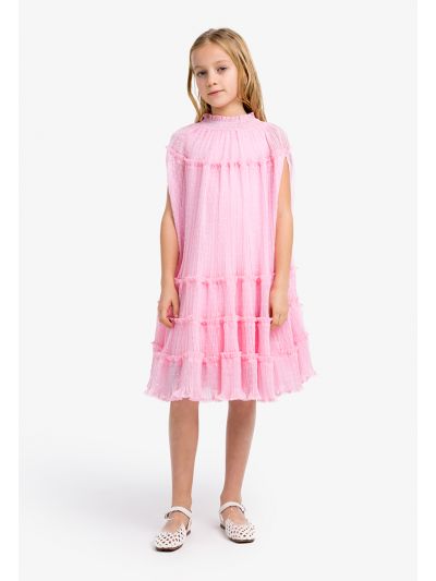 Pleated Textured Tiered Ruffle Dress