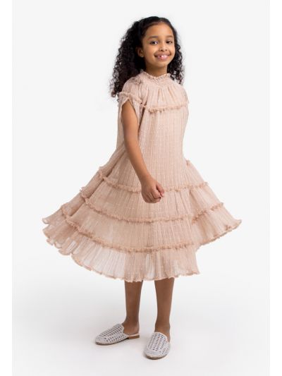 Pleated Textured Tiered Ruffle Dress