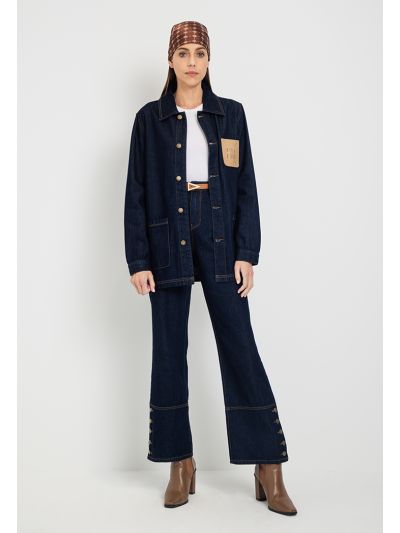 Button Embellished Wide Leg Denim Jeans