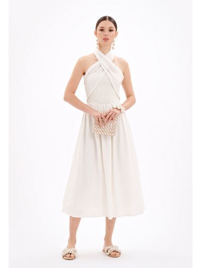 Sleeveless Halter Neck Textured Midi Dress -Sale
