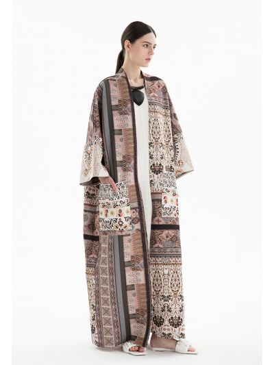 Patchwork Printed Front Pockets Maxi Abaya -Sale