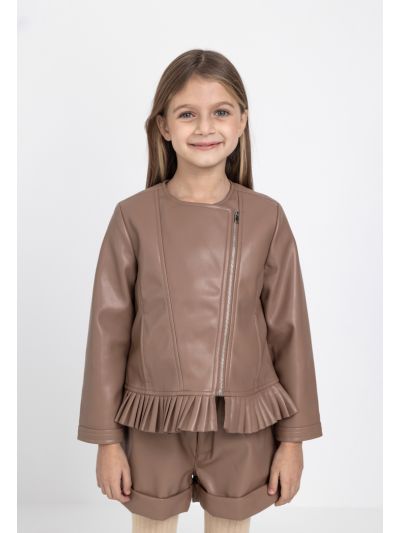 Solid PU Leather Ruffled Jacket
