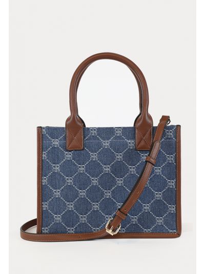 Denim Jacquared PU Leather Handle Hand Bag -Sale