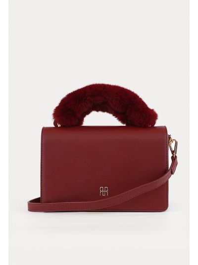 Faux Fur handle Logo Embossed Hand Bag -Sale