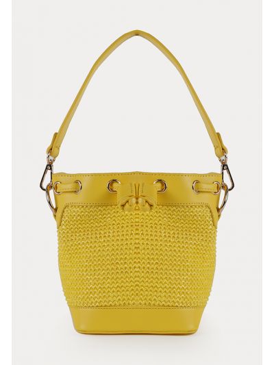 Straw PU Leather Handle Adjustable Drawstring Bucket Bag -Sale