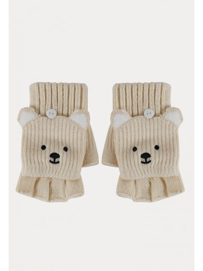 Open Fingers Ribbed Wool Gloves With Animated Design -Sale