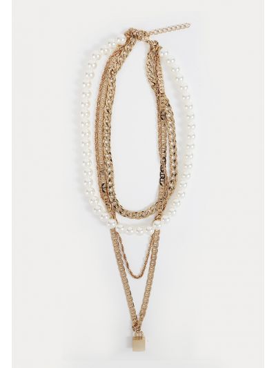 Gold Toned Faux Pearl Layered Lock Necklace -Sale