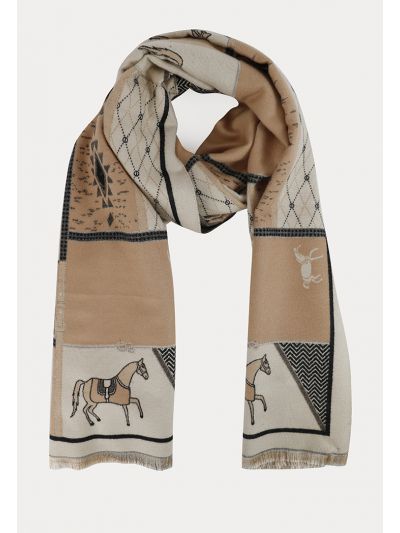 Horses Print Pattern Frayed Edges Pashmina Shawl -Sale