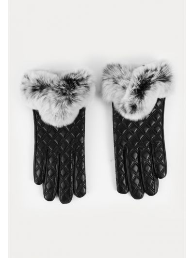 Quilted PU Leather With Fur Gloves -Sale
