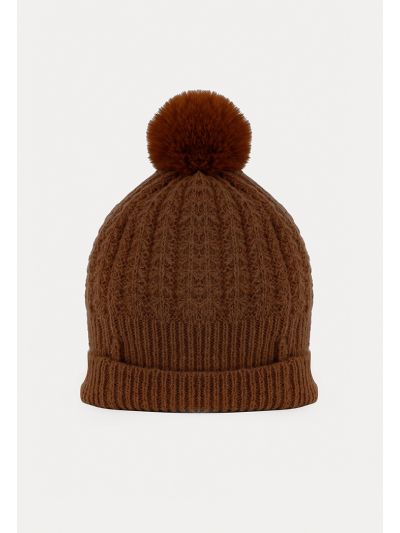 Braided Ribbed Furry Pom Beanie -Sale