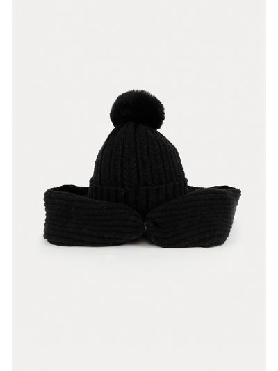 Ribbed Knitted Beanie With Attachable Scarf -Sale