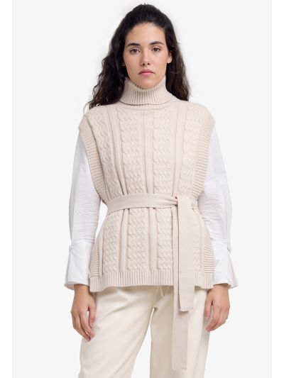 Braided Knit Sleeveless Turtle Neckline Winter Vest 