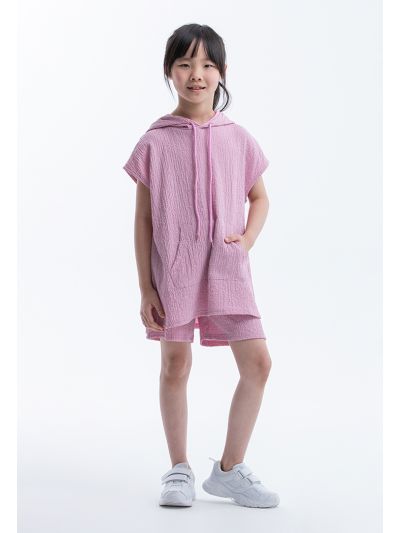 Solid Textured Hooded Shirt With Shorts Casual Set -Sale