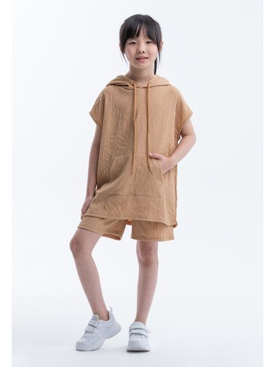 Solid Textured Hooded Shirt With Shorts Casual Set -Sale