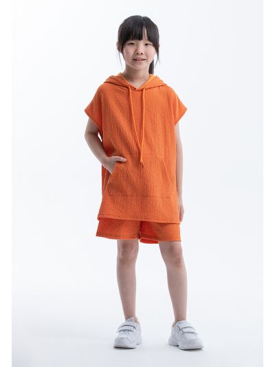 Solid Textured Hooded Shirt With Shorts Casual Set -Sale