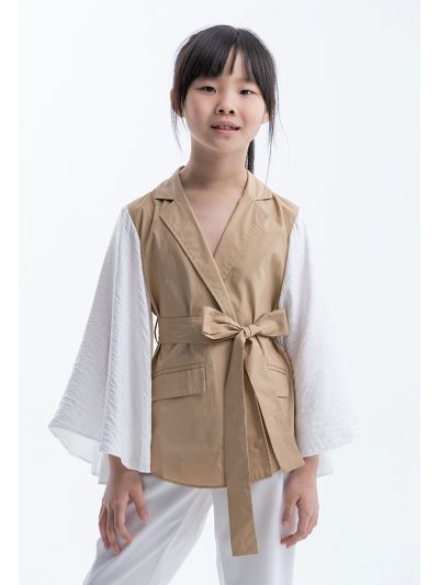 Ruffled Sleeves Collared Open Blouse with Belt -Sale