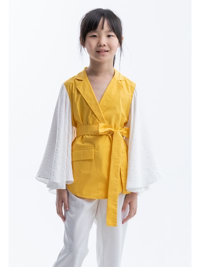 Ruffled Sleeves Collared Open Blouse with Belt -Sale