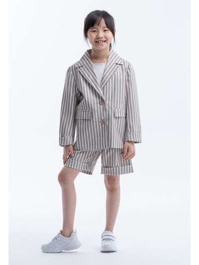 Striped Notch Lapel Blazer And Shorts Girls Set -Sale