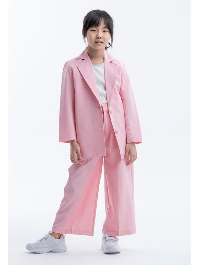 Solid Notch Lapel Blazer And Wide Leg Trousers Set -Sale