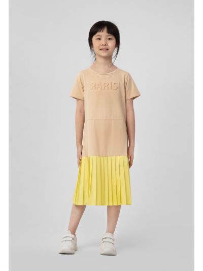 Embossed Text Print Electric Pleated Dress -Sale