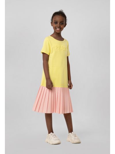 Embossed Text Print Electric Pleated Dress -Sale