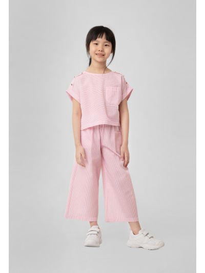 Seersucker Stripes Blouse And Frill Crop Pants -Sale