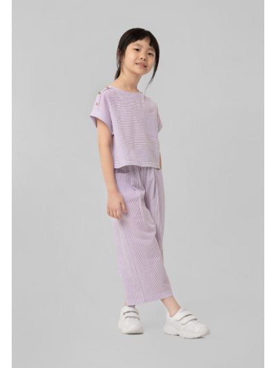 Seersucker Stripes Blouse And Frill Crop Pants -Sale