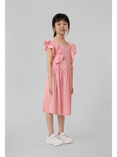Solid Textured Ruffle Tie Back Crew Neck Knot Dress -Sale