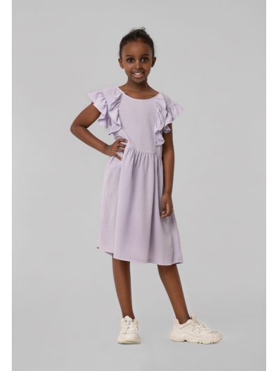 Solid Textured Ruffle Tie Back Crew Neck Knot Dress -Sale