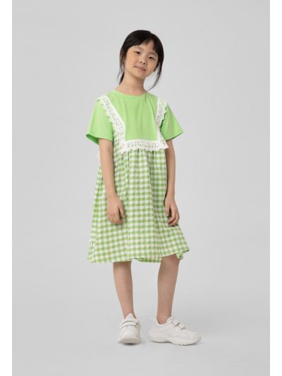  Lace Fabric Plaid Pattern Short Sleeve Dress -Sale