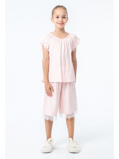 Polka Dots High-Low Ruffles Lace Pajama Set -Sale