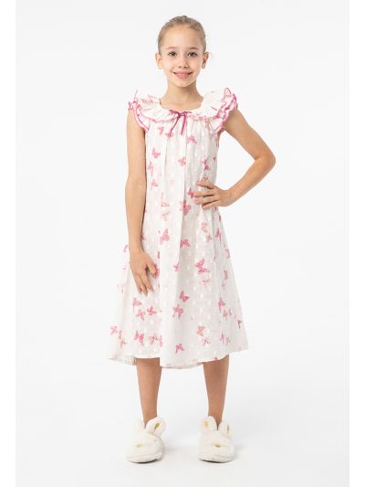 Butterflies Printed With Ribbon Night Sleepwear Dress -Sale