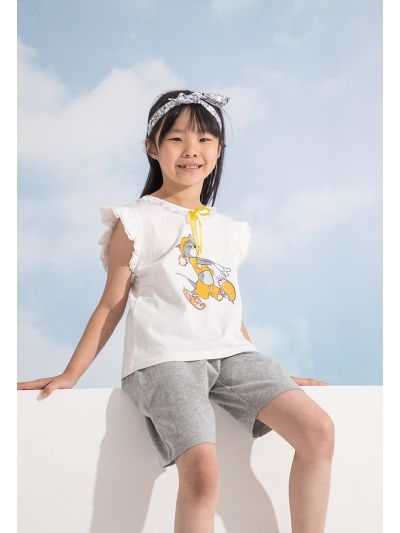 Tom & Jerry Frill Trim Graphic Print Blouse And Short Sets -Sale