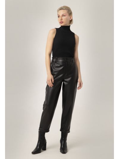 Solid Faux Leather Pants With Folded Hem