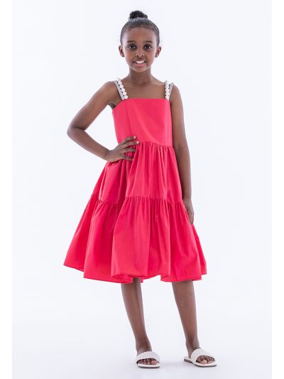 Pearls And Strass Double Straps Tiered Taffeta Dress