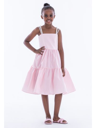 Pearls And Strass Double Straps Tiered Taffeta Dress
