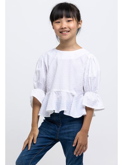 Solid Ruched Puffy Sleeve Blouse -Sale