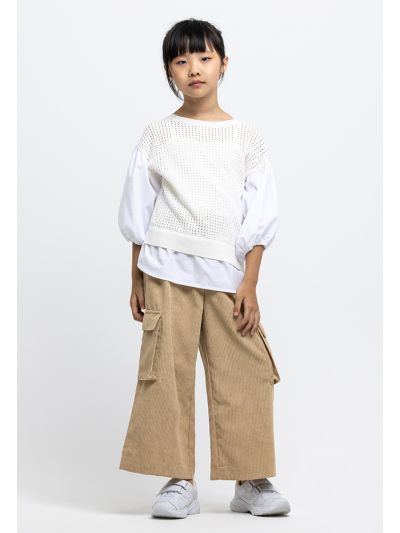 Ribbed Side Flap Pockets Wide Leg Trousers -Sale